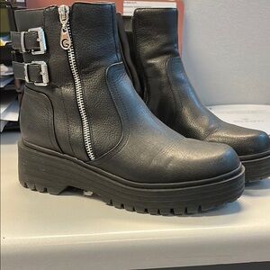 Black Ankle Boots with Silver Buckles and Platform Sole